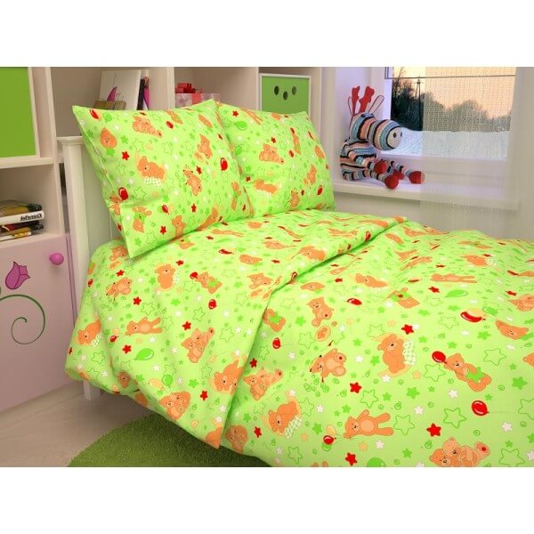 Постельное белье в кроватку бязь МИШКИ, цвет зеленый